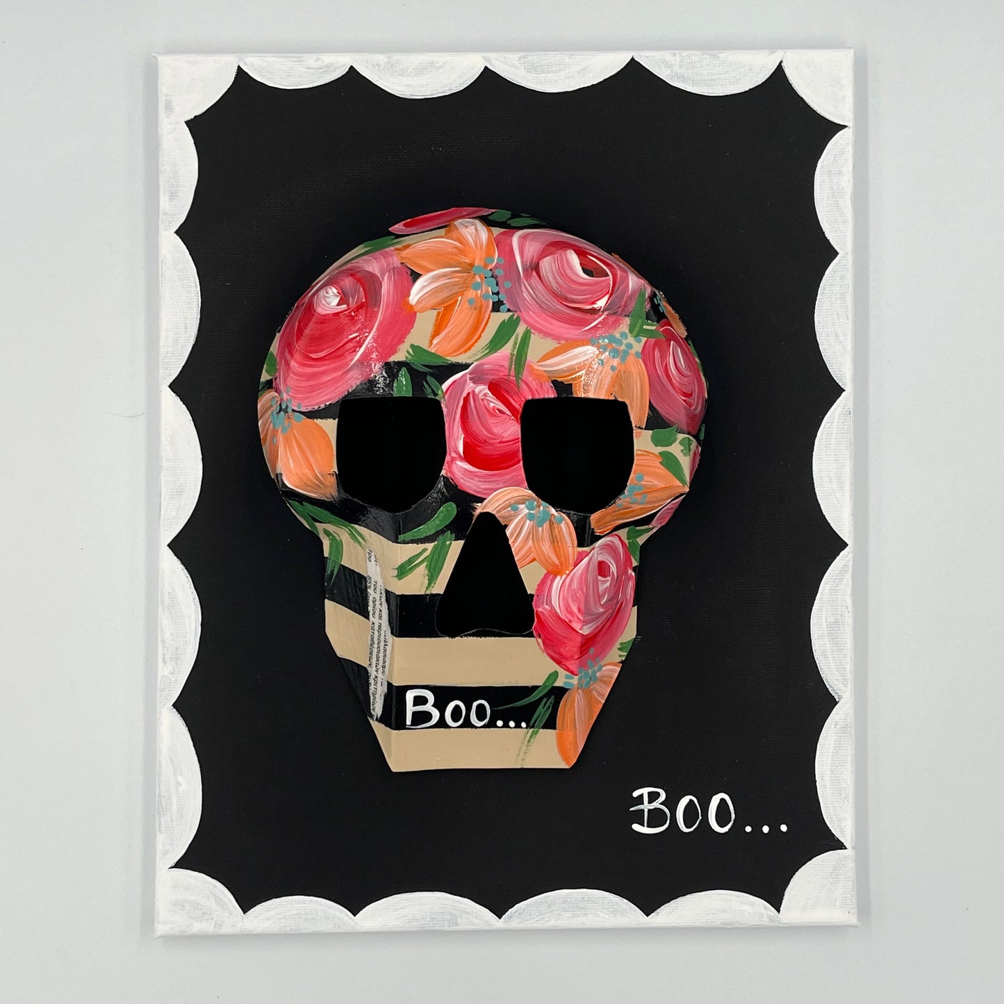 Skull and bloom motif in retro-inspired wall art frame