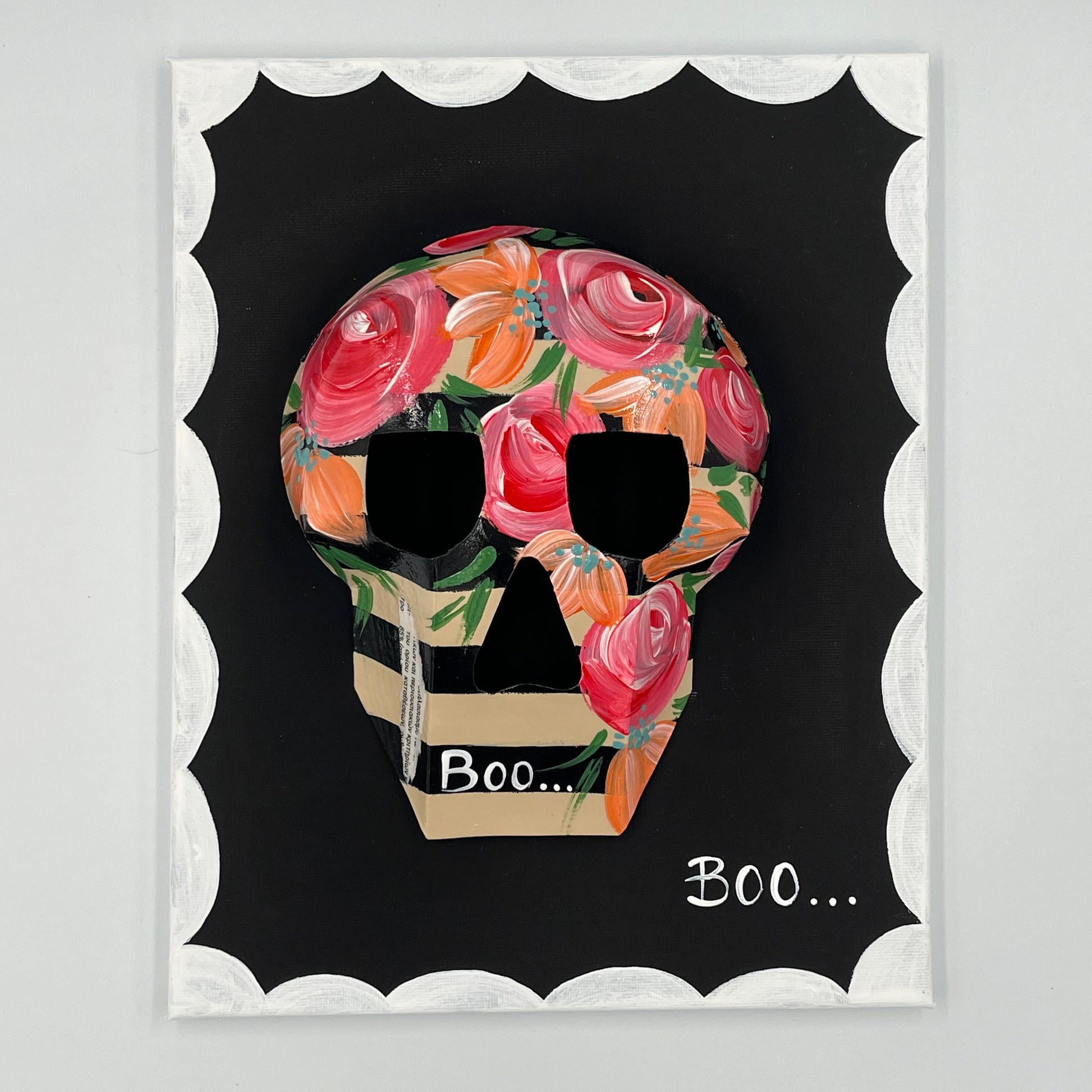Skull and bloom motif in retro-inspired wall art frame