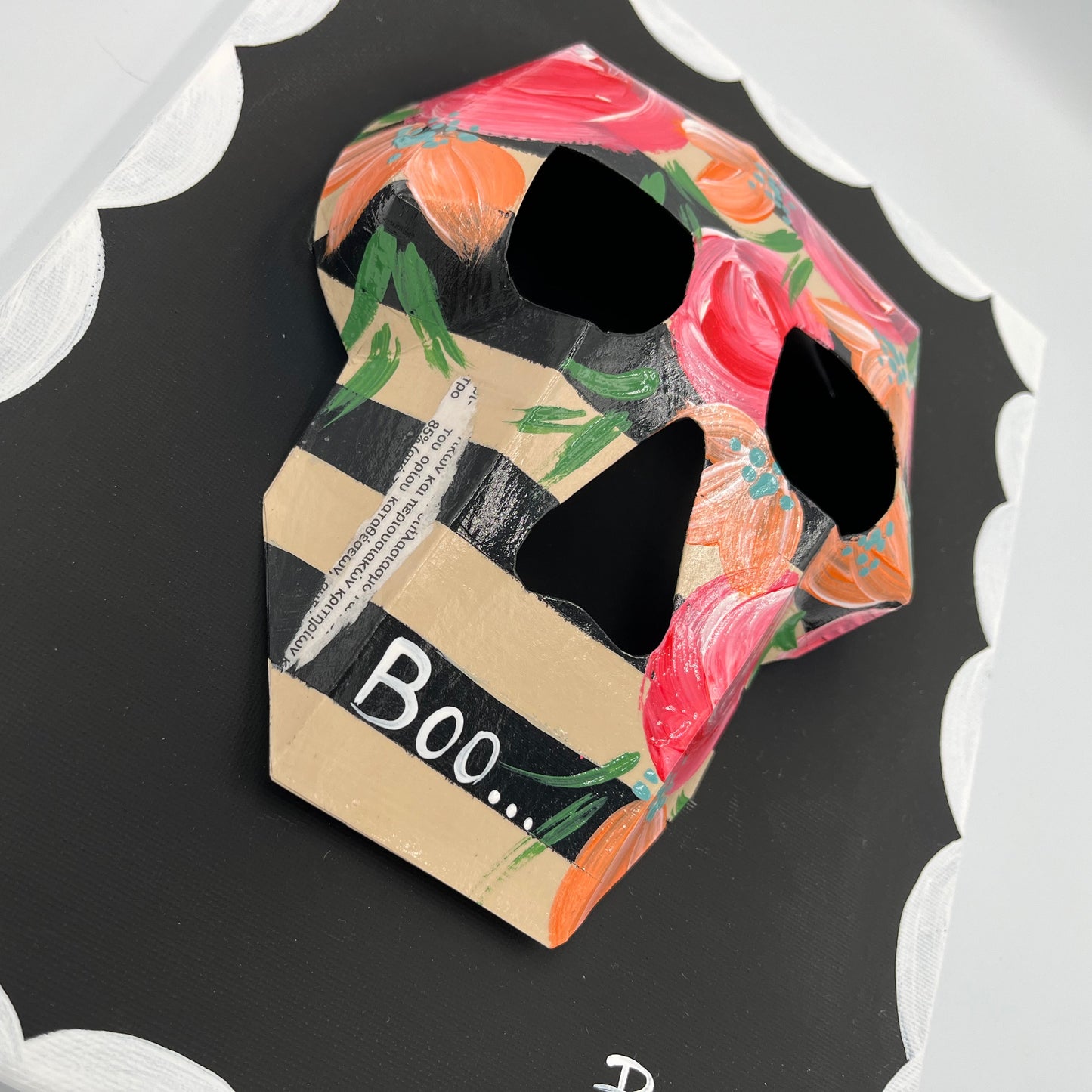Skull and bloom motif in retro-inspired wall art frame