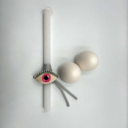 Λαμπάδα με Καρφίτσα Μάτι με Περλίτσες, Μαργαριτάρι & Τετράφυλλο – Χειροποίητη Πασχαλινή Λαμπάδα (Copy)