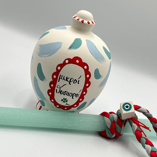 Σετ Λαμπάδα & Κουμπαράς Χειροποίητα – Ζωγραφισμένα στο Χέρι, Ξυστό Αρωματικό Κερί (Γαλάζιο)