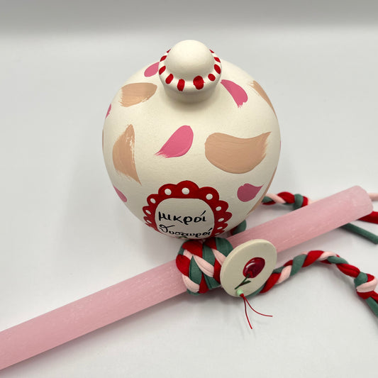 Σετ Λαμπάδα & Κουμπαράς Χειροποίητα – Ζωγραφισμένα στο Χέρι, Ξυστό Αρωματικό Κερί (Ροζ)