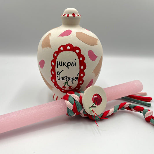 Σετ Λαμπάδα & Κουμπαράς Χειροποίητα – Ζωγραφισμένα στο Χέρι, Ξυστό Αρωματικό Κερί (Ροζ)