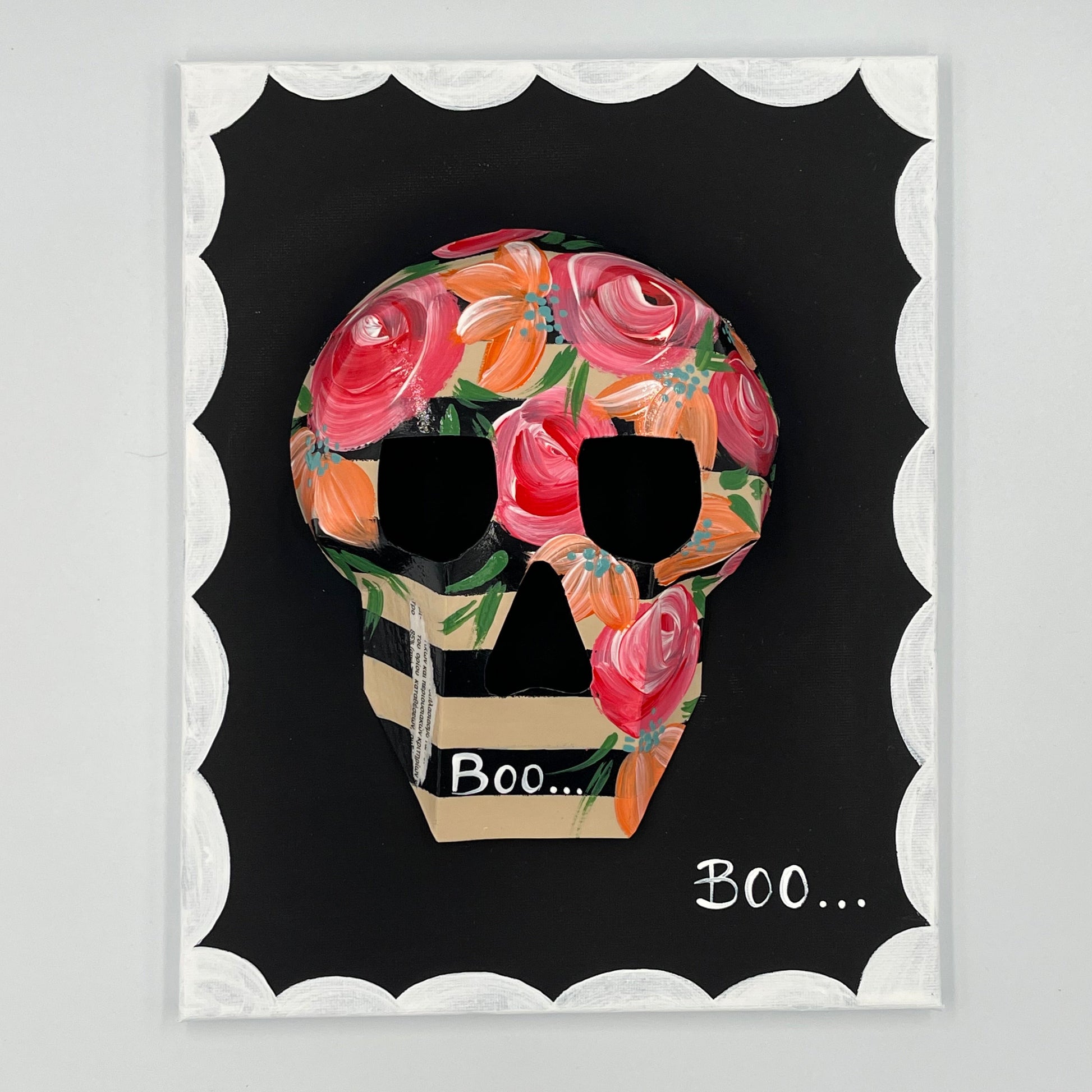 Skull and bloom motif in retro-inspired wall art frame